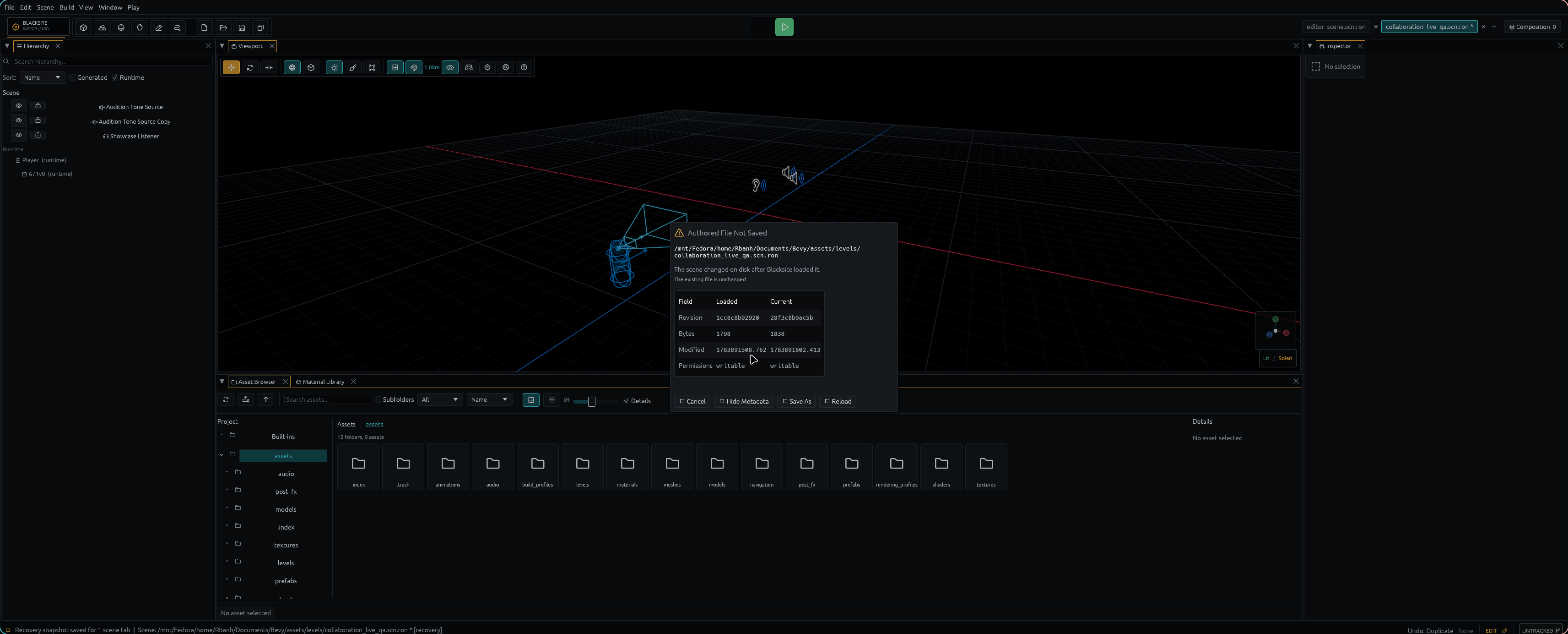 External-change guard showing loaded and current revision metadata while the dirty untracked scene remains open