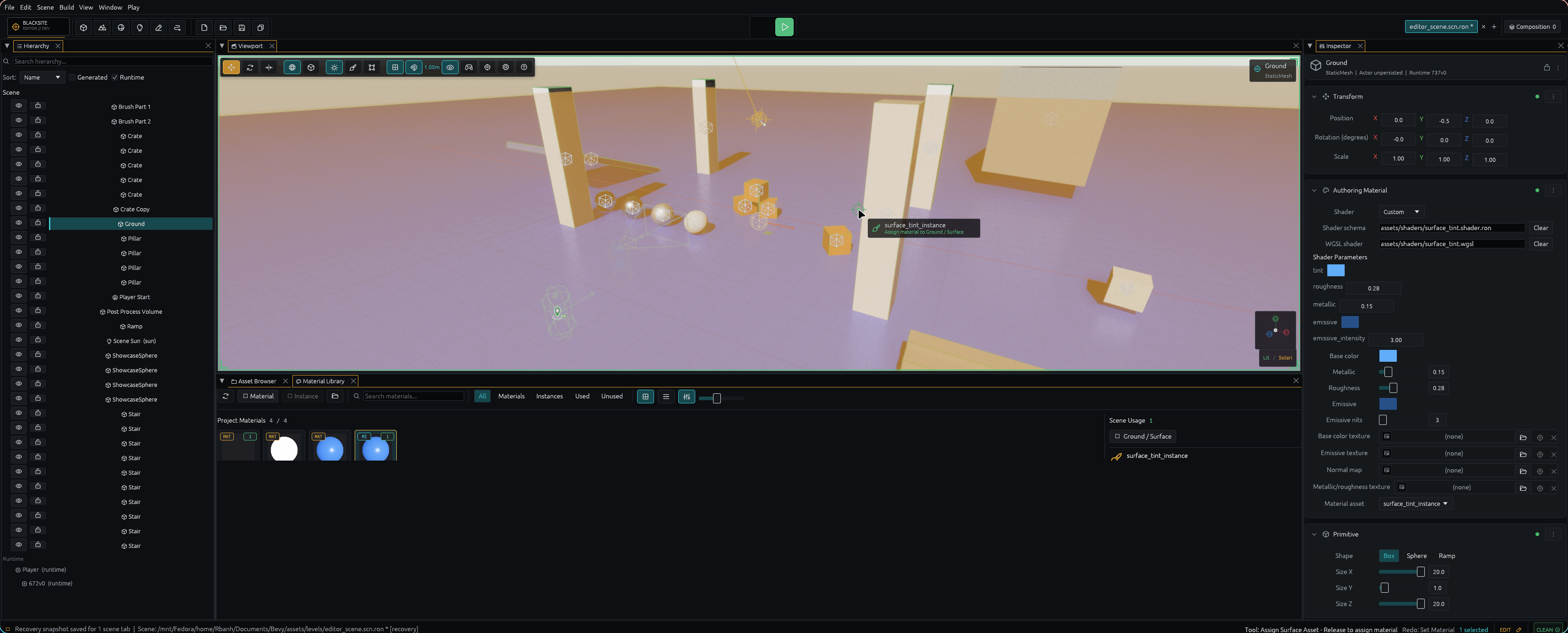 Material Instance preview on the exact Ground surface with the docked Material Library and green target feedback
