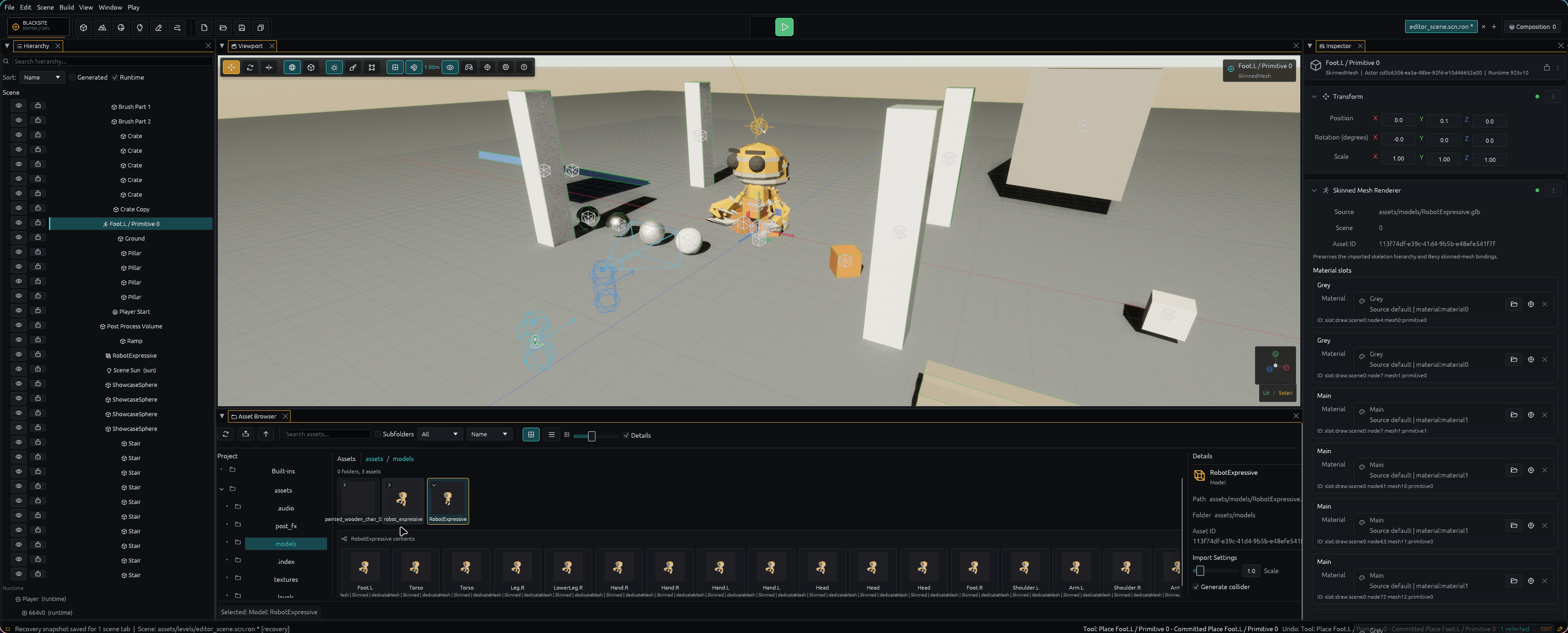 RobotExpressive in its explicit Standing edit pose with a dedicated Skinned Mesh Renderer and stable named material slots