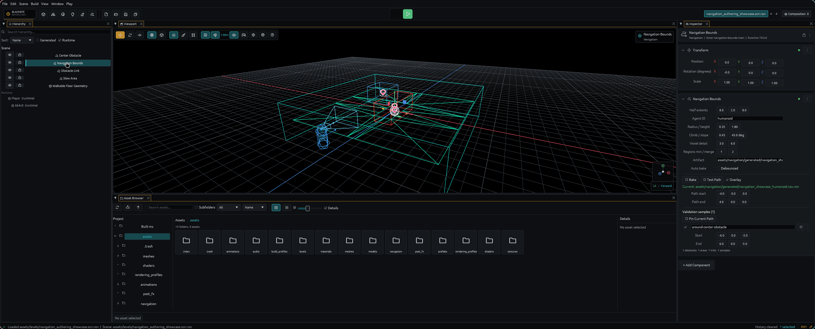 Selected Navigation Bounds with the truthful world-space overlay and complete authoring controls