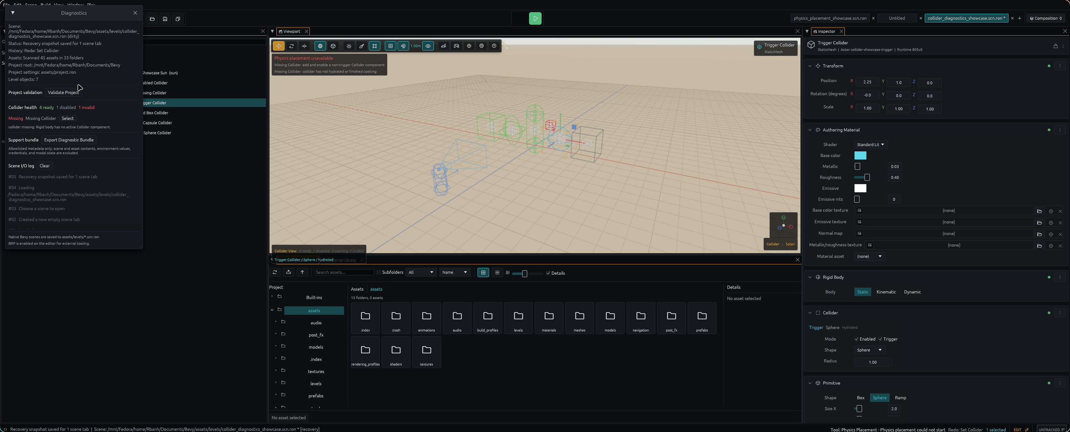 Collider viewport, selected trigger inspector, and scene health panel
