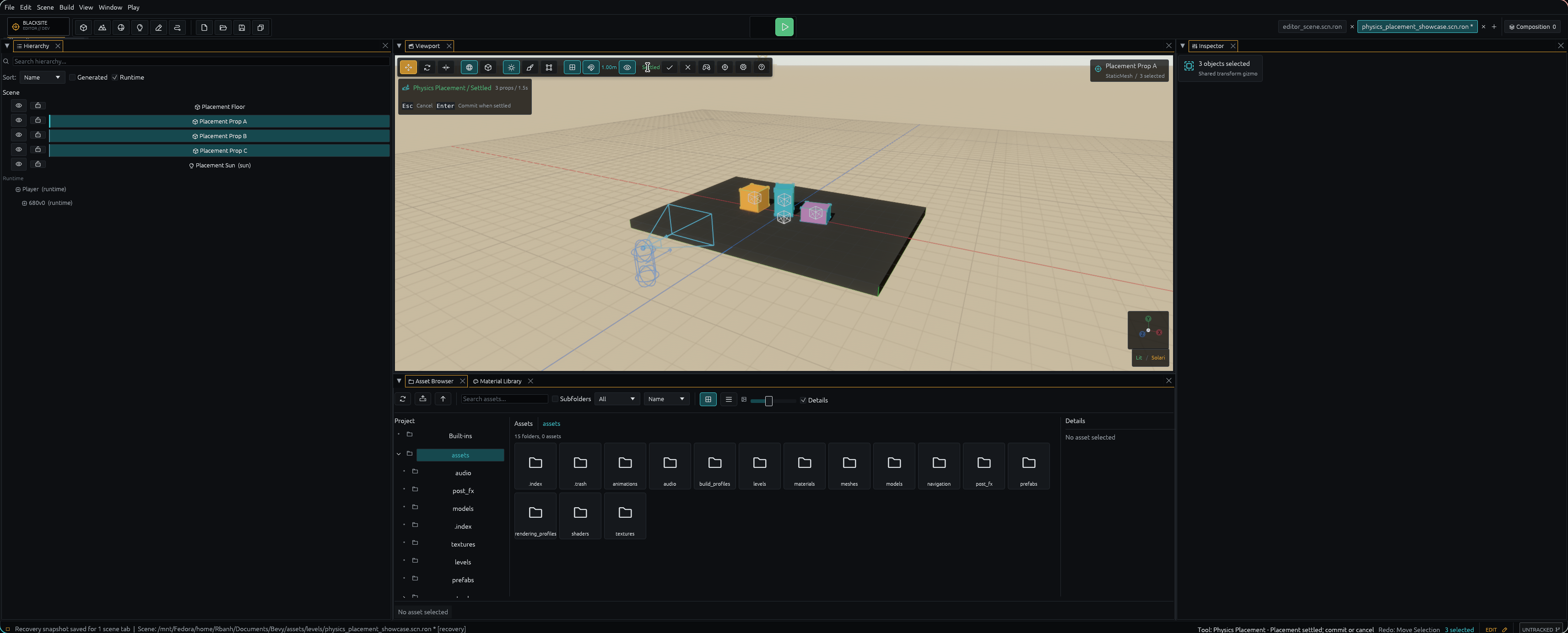 Three selected props settled on the committed placement floor