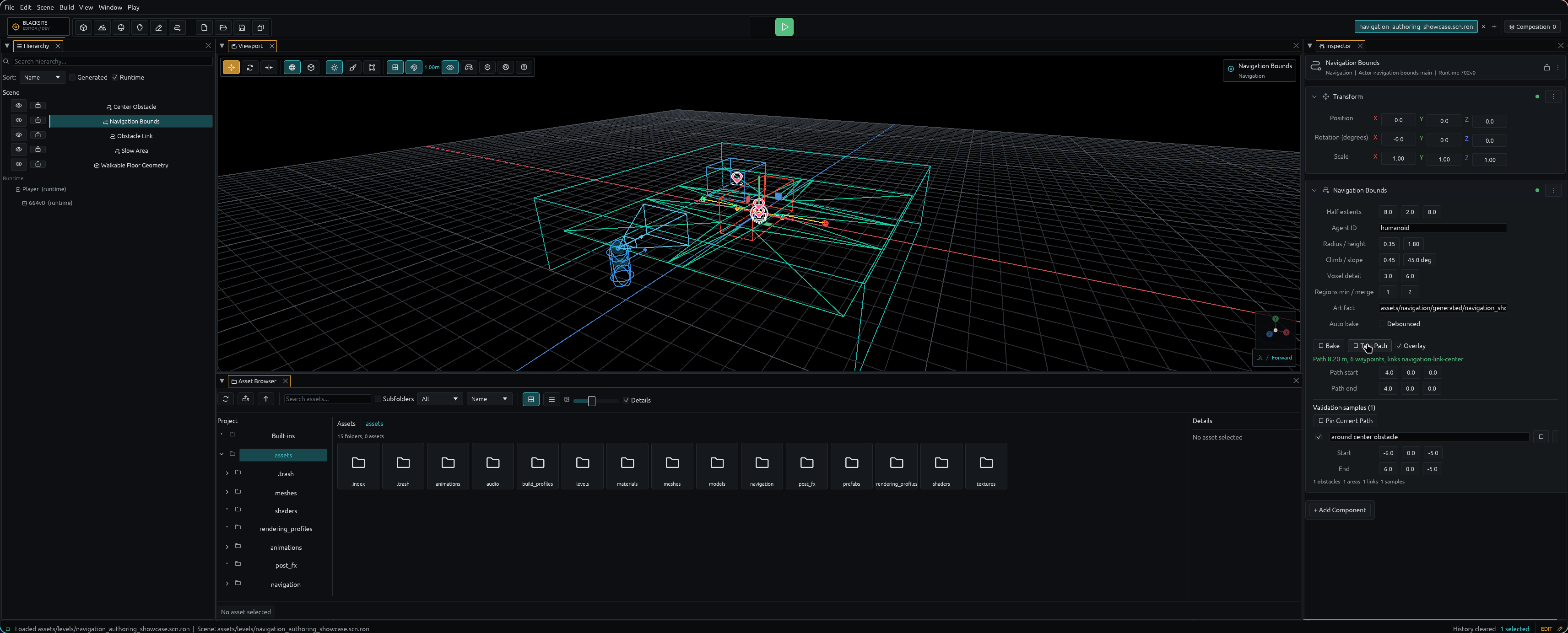Polyanya path preview crossing the authored off-mesh link